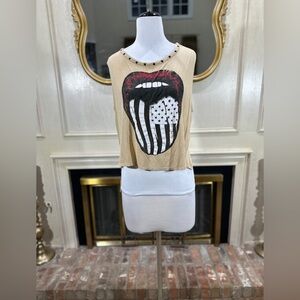 Mauve USA Flag Tongue Graphic Tank Top XL | Lace Back Distressed Muscle Tee